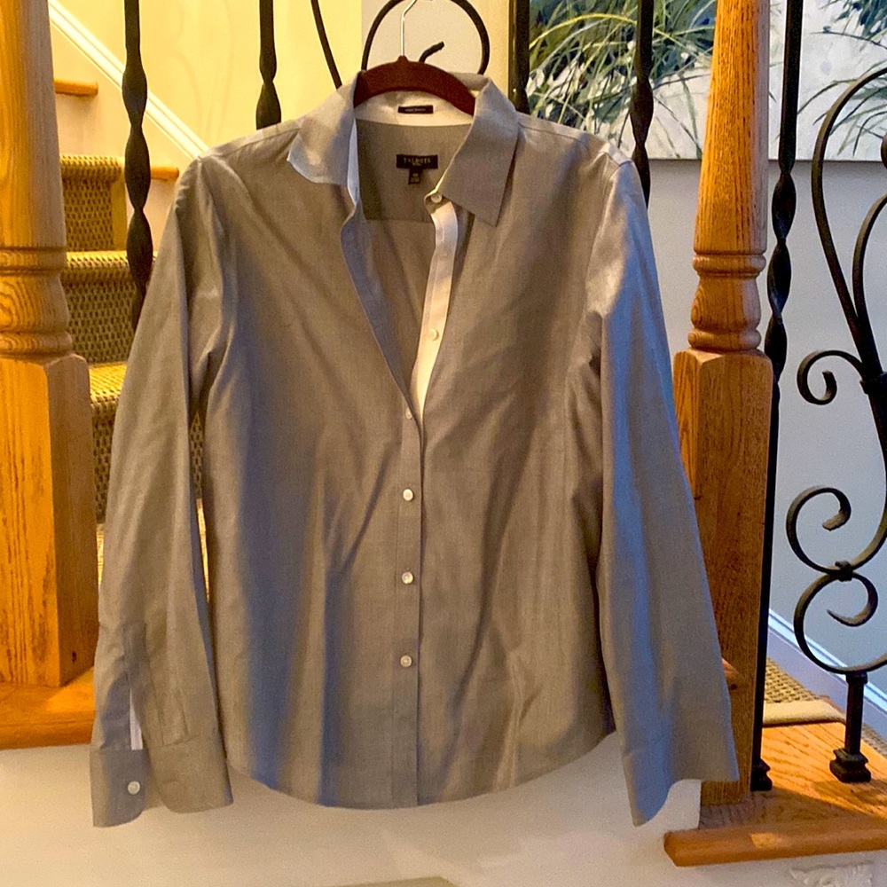 Talbots Gray Cotton Button down shirt with white placket detail